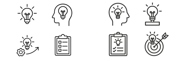 Collection of light bulb icons representing ideas, creativity, and innovation on a clean background