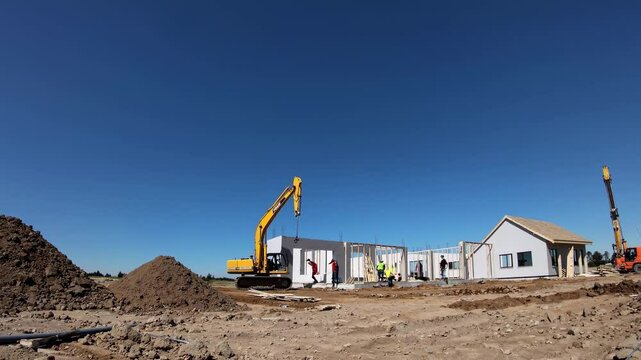 Wide-angle video shot of a construction site with machinery and workers under a clear blue sky, capturing the progress of building a modern house.
