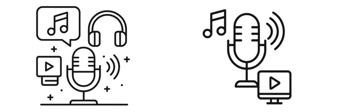 Artistic representations of audio recording equipment with music elements featuring a microphone and headphones in a minimalist design