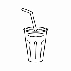 Black and white line art of a plastic cup filled with drink and straw