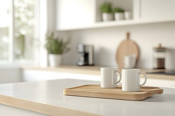 Obraz premium Two white mugs on a wooden tray in a bright, sunny kitchen, ideal for morning coffee or tea, conveying warmth and home