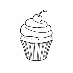 Hand drawn cupcake with cherry topping black and white outlined vector illustration
