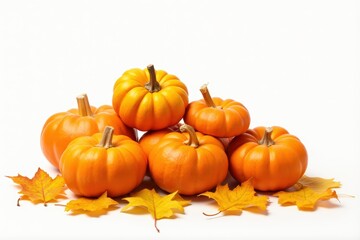 A bunch of pumpkins and leaves are arranged isolated on a white background. The pumpkins are of different sizes and are placed in various positions, while the leaves are scattered around them