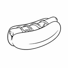 Monochrome hot dog illustration with mustard topping outline style fast food icon