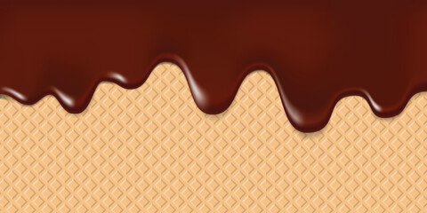 Dripping chocolate ice cream on wafer background, Vector illustration