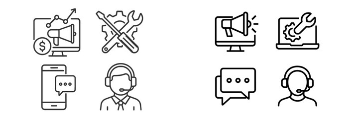 Marketing and customer support icons featuring analytics, communication tools, and technical assistance in a clean, modern style