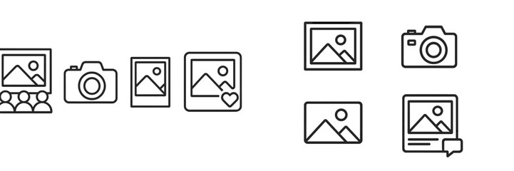 Icons representing photography elements in a digital format showcasing various camera and image designs on a simple layout