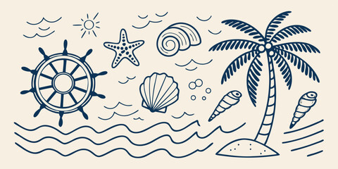 Obraz premium blue line art illustrations of beach and nautical elements marine background with sea animals