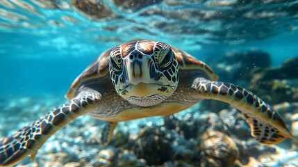 Fototapeta premium Close-up of a sea turtle swimming underwater.