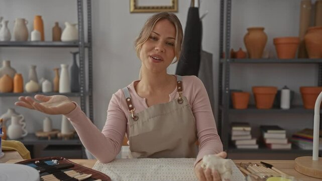 Woman hand waving while holding clay and wearing apron in pottery studio; friendliness warmth creativity.
