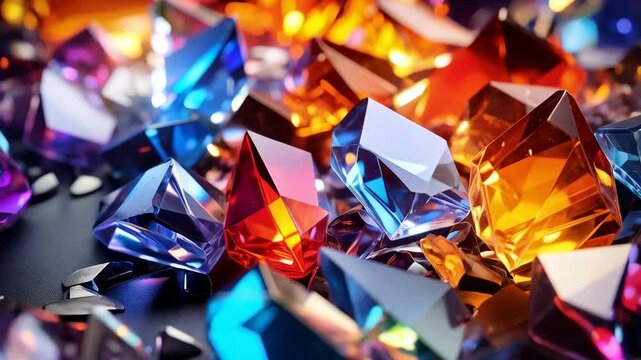 Brilliant gems in red, blue, and amber hues, sparkling reflections create a mesmerizing display of refracted light and crystal clear facets