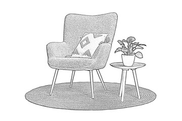 Graphic sketch of armchair, side table with houseplant and rug on white background