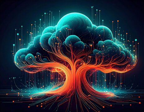 The organic-meets-digital concept of a cloud structure with branching data streams, symbolizes artificial intelligence and virtual information flow.