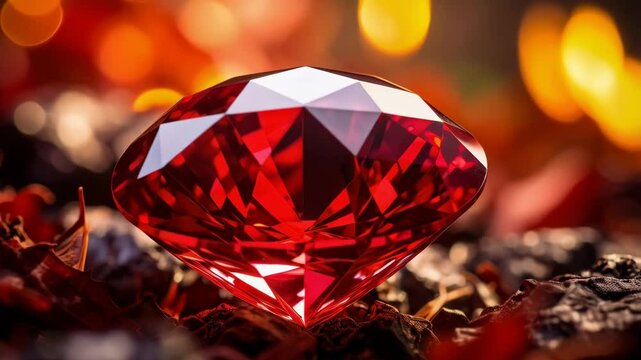 Facetted red ruby gemstone resting among dried leaves in a soft light with a blurred bokeh background in an autumn setting