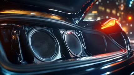 A detailed view of a subwoofer installed in the trunk of a car, with sleek metallic edges and soft reflections from the surrounding interior.