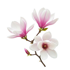 Three pink and white magnolia blossoms on branch isolated on transparent background