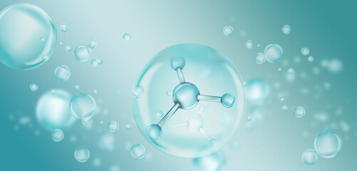 Collagen molecule among bubbles on turquoise gradient background, banner design. Skincare cosmetic solution, serum or essence