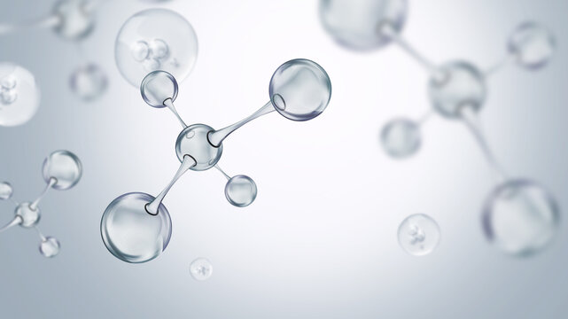 Collagen molecules on light grey gradient background, banner design. Skincare cosmetic solution, serum or essence
