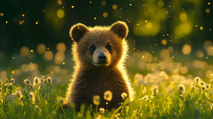 Adorable brown bear cub in a meadow bathed in sunlight.