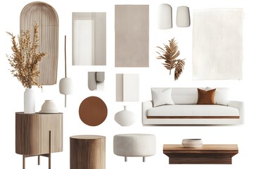 Mood board featuring furniture and decor elements in neutral tones and modern minimalist design style