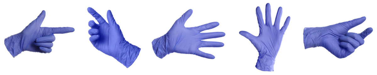 Blue nitrile medical gloves isolated on white, collage of gestures