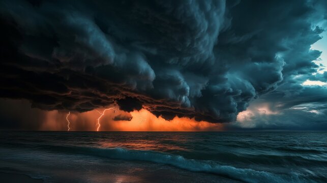 A dramatic image of a powerful storm brewing over the ocean, with dark, swirling clouds and lightning striking in the distance, capturing the intensity of the weather.