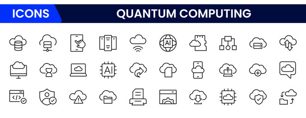 Futuristic vector web line icons depicting quantum computing, qubits, algorithms, processing power, and innovative tech for advanced computational solutions.