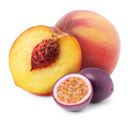 Tasty ripe passion and peach fruits on white background