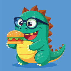 Cute Dinosaur Wearing Glasses Eating Burger – Funny Animal Food Cartoon Vector Illustration
