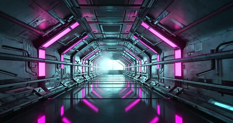 Futuristic corridor with glowing neon lights leading to a bright exit, evoking a sci-fi atmosphere - Powered by Adobe