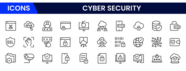 Robust vector web line icons depicting cybersecurity, firewalls, encryption, protection, and secure digital systems for safeguarding online environments.