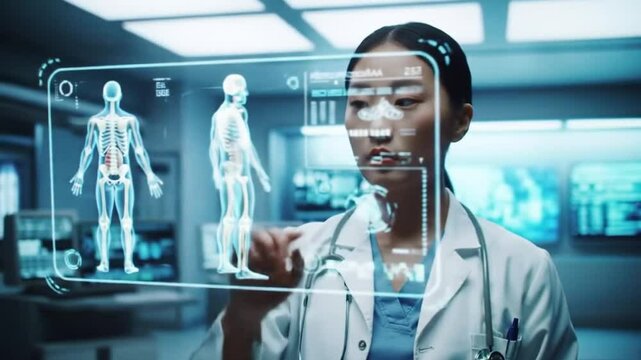 Asian Doctor Interacting with Holographic Human Anatomy in Futuristic Medical Lab, Healthcare Technology Innovation - Powered by Adobe