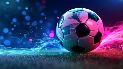 Soccer ball in neon glow on field - Powered by Adobe