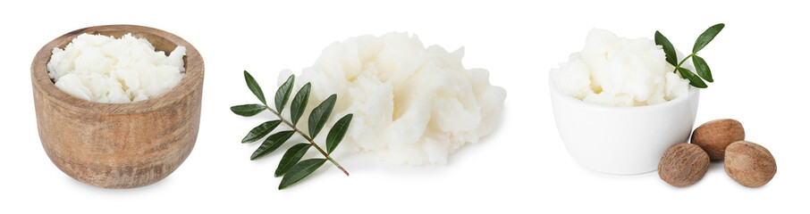 Natural shea butter on white background, set
