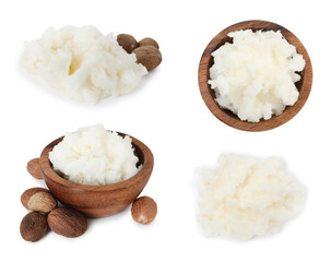 Natural shea butter on white background, collage