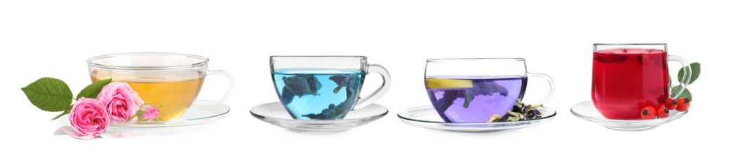 Different types of tea in glass cups isolated on white, set