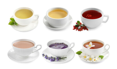 Different types of tea in cups isolated on white, set