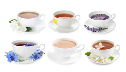 Different types of tea in cups isolated on white, set