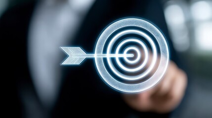 Fototapeta premium Business Success and Goal Achievement Concept ? ? ? Professional Holding Digital Icon with Arrow Hit in Office Environment. Achieving professional ambition a strategic guide to workplace