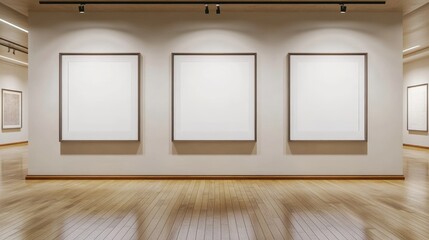 Empty gallery wall with three blank canvases