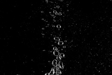 Underwater bubbles, Underwater oxygen design concept, Small water drops underwater, On black background, Close-up photography.