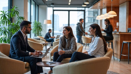 Diverse teammates collaborate on joint task in lively conversation at office lounge