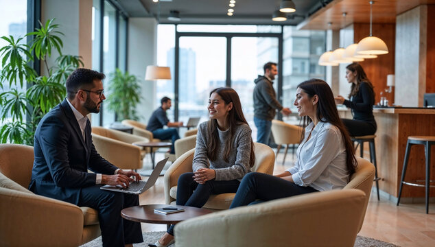 Diverse teammates collaborate on joint task in lively conversation at office lounge