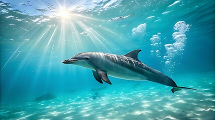 Fototapeta premium Dolphin swimming in sunlit ocean water