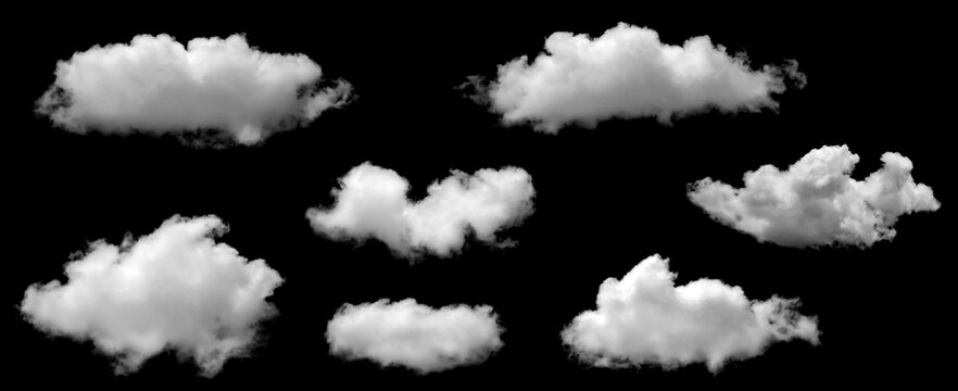 Isolated cloud collection on black background. Set of different types of clouds. Cloud design. Abstract clouds. Fog over the sky. Fluffy white clouds texture. 