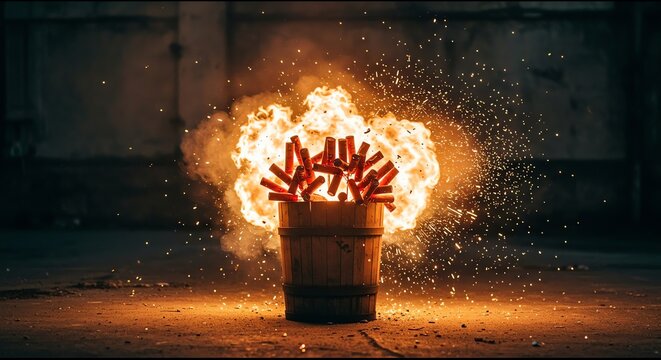 Firecrackers exploding in wooden bucket indoors