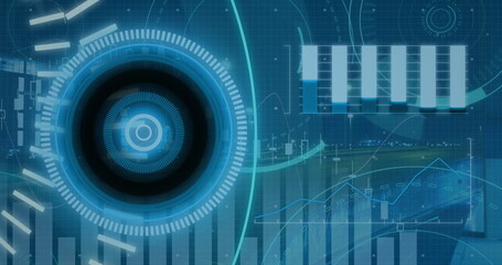 Displaying concentric circle HUD rotating over blue grid, with small radial gauges, copy space