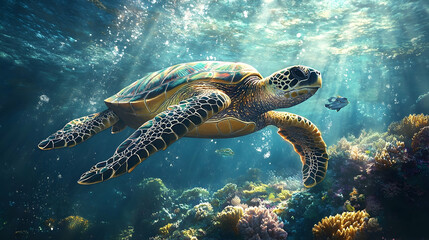 Fototapeta premium Sea turtle swimming in a vibrant coral reef.