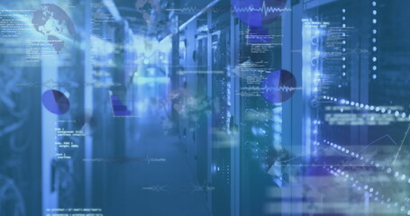 Highlighting central aisle featuring server racks, LED lights in data center, with data overlays