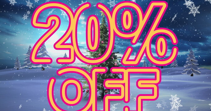 Fototapeta Large stylized 20% OFF text occupying stage in snowy forest clearing, with decorated evergreen tree